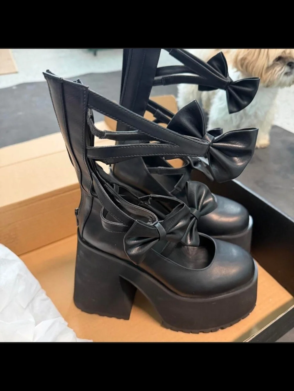 Dolls Kill Widow Black Bow-Strap Platform Heels - Women Shoes